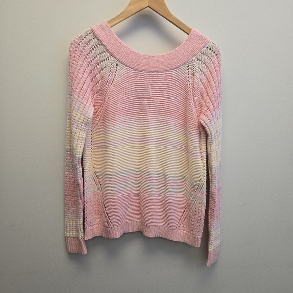 Maurices Large Knit Striped Sweater Pink Yellow Cross Back - Picture 2 of 7